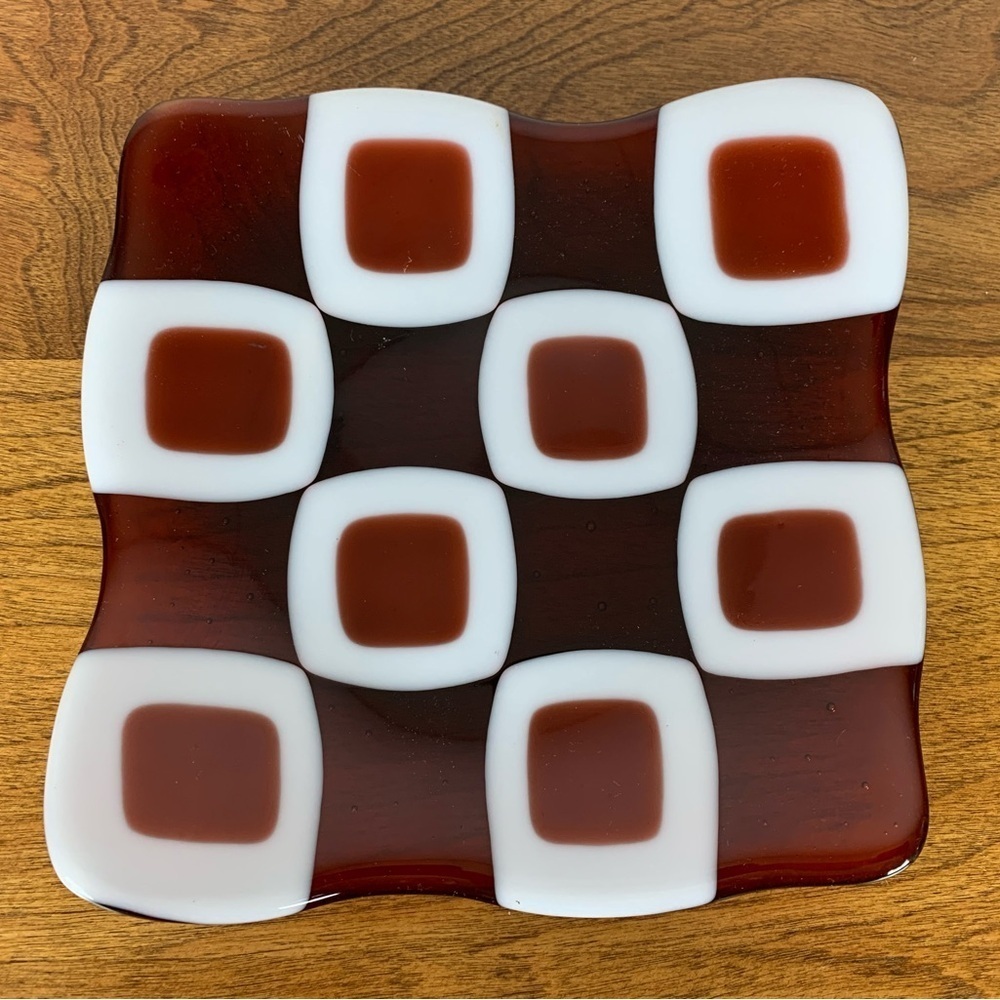 Fused Glass Decorative Plate Dish Signed PS ‘05 Red White Squares Groovy Vtg